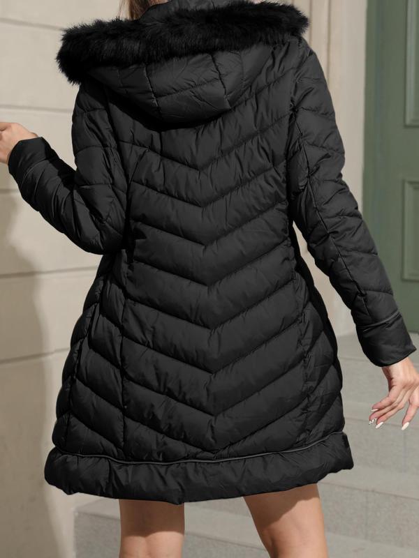 Women's Contrast Faux Fur Hooded Longline Winter Coat Jackets, Casual Long Sleeve Pocket Zip Up Outerwear for Fall & Winter, Ladies Clothes for Daily Wear